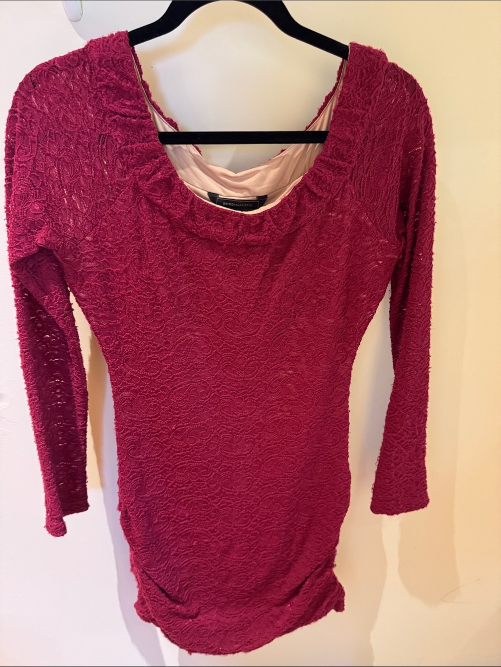 BCBG Red Lace-Textured Long Sleeve Off the Shoulder Dress